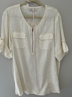 Jones New York White Linen Zip Front Tunic with Roll-Tab Sleeves